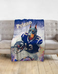 Personalized pet blanket with a Doberman dog portrait in a football uniform, named "Primo".
