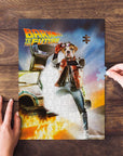 Personalized 'Bark to the Future' dog puzzle with a bulldog in a movie scene, held by hands.