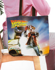 Personalized pet portrait tote bag with a bulldog in "Bark to the Future" movie poster style.