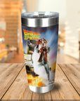 Personalized stainless steel tumbler with a dog in a "Bark to the Future" movie poster style portrait.