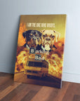 Personalized 'Barking Bad' canvas featuring two dogs in suits, a van, and "I am the one who woofs.