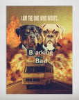 Personalized 'Barking Bad' poster featuring two pets, a Rottweiler and a Boxer, with a vintage RV and fiery background.