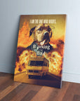 Personalized "Barking Bad" pet canvas featuring a dog in glasses with a cigar, a RV, and explosions.