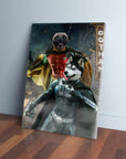 Personalized 'Bat Dog & Robpaw' canvas featuring a husky as Batman and a pug as Robin against a Gotham cityscape.