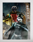 Personalized 'Bat Dog & Robpaw' poster featuring a Pug as Robin and a Husky as Batman against a Gotham backdrop.