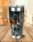 Personalized stainless steel tumbler with custom pet portraits as Bat Dog and Robpaw in Gotham.