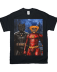 Black Gildan t-shirt featuring a personalized graphic of two dogs dressed as Batman and The Flash.