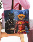 Personalized 2-pet tote bag featuring custom dog portraits as Batdog and Flash Doggo.