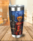 Personalized stainless steel tumbler with two dogs dressed as Batman and Flash superheroes.