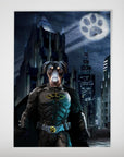Personalized 'Batdog' poster featuring a black and tan dog in a dark superhero suit against a city skyline and paw print moon.
