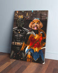 Personalized canvas of a black dog as Batdog and a brown poodle as Wonder Doggette.