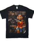 Black Gildan t-shirt featuring a personalized design of a black dog as Batdog and a brown dog as Wonder Doggette.
