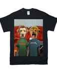 Black Gildan unisex t-shirt featuring two dogs with human hair, wearing green "AC/DOOOS" and blue "DOGGYTALICA" shirts.