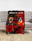 Personalized custom blanket with two dogs in Belgium soccer jerseys, "JONAS & JACK" text.
