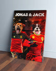 Personalized 'Belgium Doggos' canvas featuring two pets in red soccer jerseys, named Jonas & Jack.