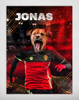Personalized pet poster featuring a dog's head on a Belgium soccer player's body, red and black kit, "JONAS" text.