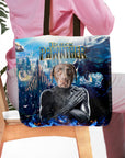 Personalized "Black Pawnther" tote bag featuring a custom chocolate lab pet portrait in a superhero suit.