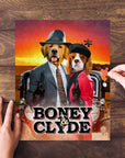 Personalized 'Boney and Clyde' 2 pet puzzle featuring dogs in gangster outfits against a sunset.