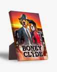 Personalized 'Boney and Clyde' standing canvas featuring two pets dressed in gangster attire with a vintage car.