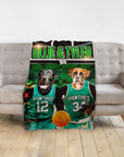 Personalized 2 pet blanket featuring a black lab and boxer in green basketball jerseys.