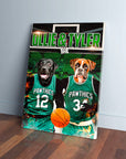 Personalized "Boston Walkies" canvas featuring two pets in green basketball jerseys with names "Ollie & Tyler".