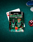 Custom personalized playing cards featuring two dogs in green basketball uniforms.