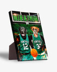 Personalized 'Boston Walkies' standing canvas featuring two pets as basketball players in green jerseys.