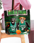 Personalized 'Boston Walkies' tote bag with custom dog portraits in basketball jerseys.