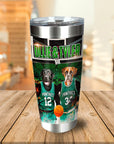 Personalized stainless steel tumbler with two pet portraits in green basketball jerseys, "Ollie & Tyler" text.
