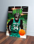 Personalized pet canvas featuring a black dog in a green basketball jersey with "PAWTHICS 34" and "OLLIE" text.