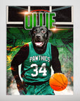 Personalized 'Boston Walkies' pet poster featuring a black dog in a green basketball jersey, dribbling a ball.