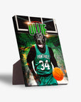 Personalized pet standing canvas featuring a black dog in a green basketball jersey holding a ball.