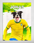 Personalized pet poster featuring a Border Collie in a yellow Brazil soccer jersey with "JONAS" at the top.