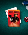 Personalized playing cards featuring a dog in a martial arts costume on a red background, with poker chips and dice.