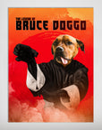 Personalized 'Bruce Doggo' pet poster featuring a dog in a black martial arts uniform on a vibrant red background.