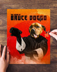 Personalized pet puzzle featuring a dog in a martial arts costume, "The Legend of Bruce Doggo" title.