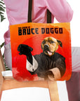 Personalized "Bruce Doggo" tote bag with a custom dog portrait in a martial arts style on an orange background.