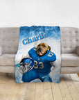 Personalized pet blanket with a dog's portrait in a blue football uniform, named "Charlie".