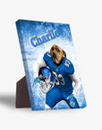 Personalized pet standing canvas featuring a dog in a blue football uniform with "Charlie" and a helmet.
