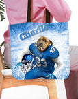 Personalized tote bag with a dog's portrait in a blue football uniform, name "Charlie" above.