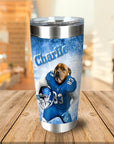 Personalized stainless steel tumbler with a dog in a blue football uniform, named Charlie.