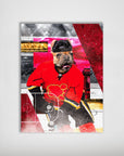 Personalized pet poster featuring a French Bulldog in a red Calgary Flames hockey uniform on an ice rink.