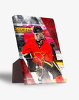 Personalized pet standing canvas featuring a bulldog in a red Calgary Doggos hockey uniform with a black helmet.