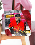 Personalized tote bag with a custom French Bulldog pet portrait in a Calgary Flames hockey uniform.