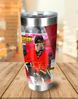 Personalized stainless steel tumbler with a custom bulldog pet portrait in a hockey uniform.