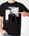 Black Gildan t-shirt with a personalized bulldog "Pedro" soccer player design.