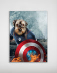Personalized 'Captain Doggmerica' poster featuring a dog in a blue superhero suit with a paw print shield.