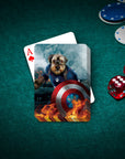 Custom "Captain Doggmerica" personalized playing cards featuring a dog portrait on a green poker table.