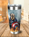 Personalized Captain Doggmerica stainless steel tumbler with a custom pet portrait in superhero style.