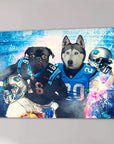 Personalized canvas featuring a pug and husky in Carolina Panthers football jerseys with helmets.